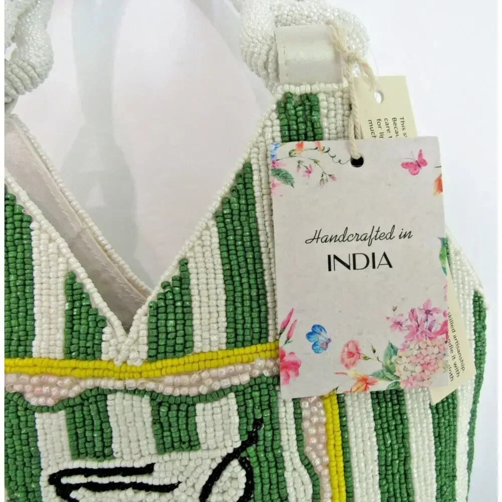 NWT Handcrafted in India Martini Beaded Bag Green & white Striped Tik Tok Viral - Picture 4 of 8